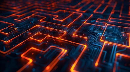 A wireframe maze with a glowing path leading to the center, representing the complex challenges and solutions within the technological landscape.  