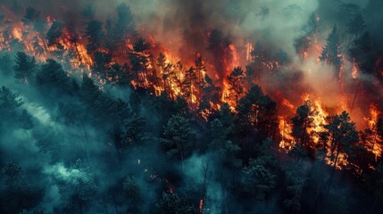 The forest fire is spreading quickly. The flames are reaching the treetops. The smoke is thick and black. The scene is one of terror.