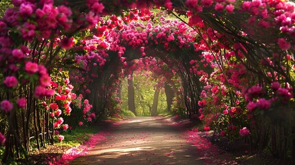 A photo of a beautiful garden path with pink flowers.

