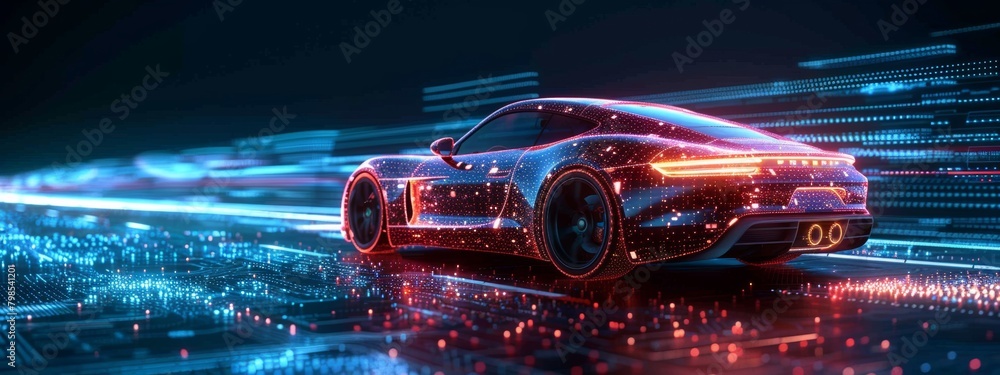 Poster 3d abstract visualization of ai in automotive design with mesh wireframe and data streams