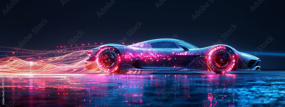 Poster 3d abstract visualization of ai in automotive design with mesh wireframe and data streams