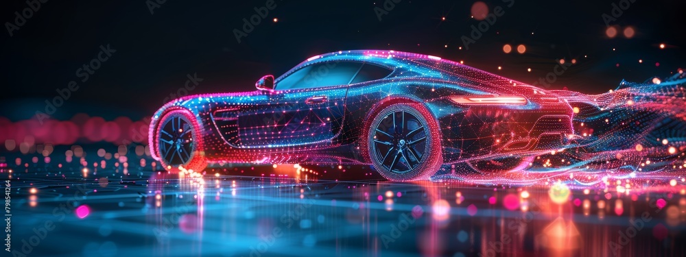 Poster 3d abstract visualization of ai in automotive design with mesh wireframe and data streams