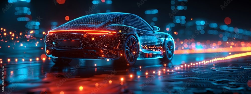 Poster 3d abstract visualization of ai in automotive design with mesh wireframe and data streams