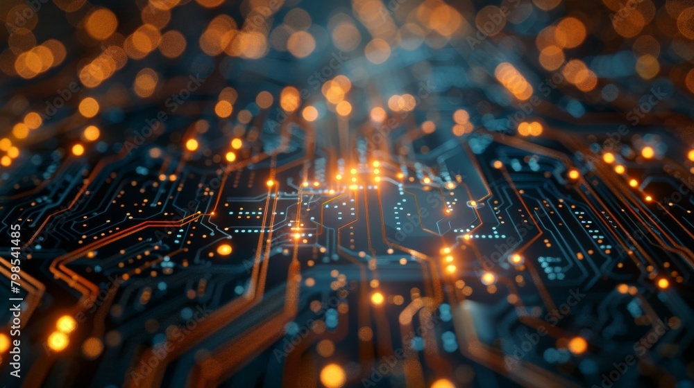 Poster a circuit board rendered entirely in wireframe, with glowing nodes and connections depicting the flo