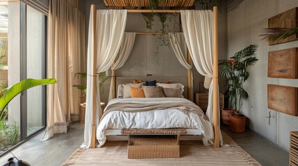 A tranquil boho-style bedroom with a canopy bed and warm earth tones.