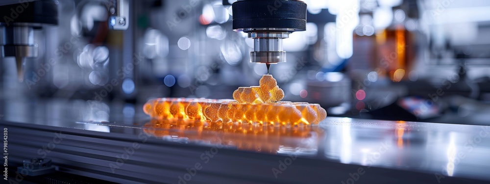 Poster 3d printing in biomedicine: printer creating complex organic structures in ultra-modern laboratory s