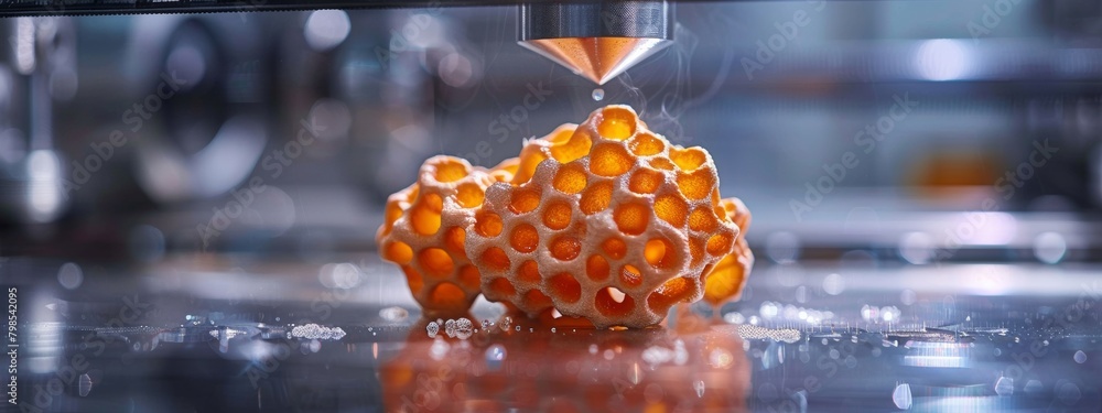 Poster 3d printing revolutionizing biomedical engineering: complex organic structure created with precision