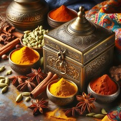 Indian spices on a table, vibrant and fresh with turmeric and cardamom and a traditional brass spice box and a colorful silk tablecloth, rustic and earthy background