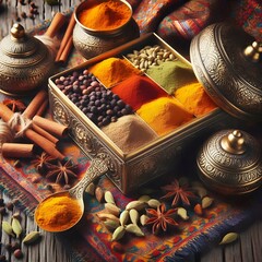 Indian spices on a table, vibrant and fresh with turmeric and cardamom and a traditional brass spice box and a colorful silk tablecloth, rustic and earthy background