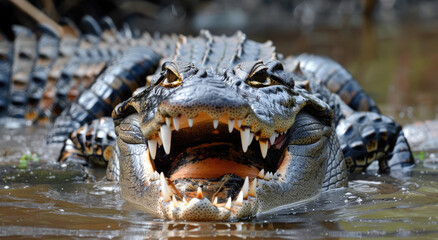 A crocodile lies in the water with its mouth open, showing off his teeth and big tongue. The scales of an alligator are visible on it's skin, which is blackish gray or dark brown - Powered by Adobe