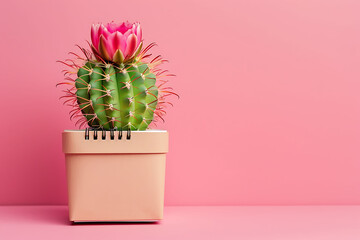 Mockup paper spiral calendar with cactus on pink background - Powered by Adobe