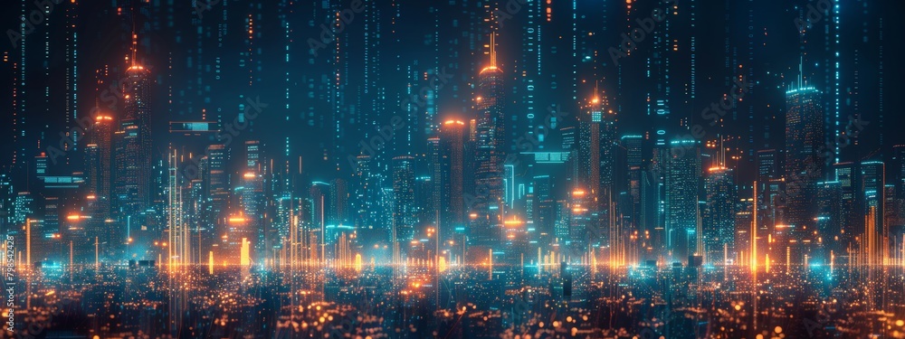 Poster cityscape with blockchain and big data structures crumbling in cybersecurity attack - 3d wireframe s