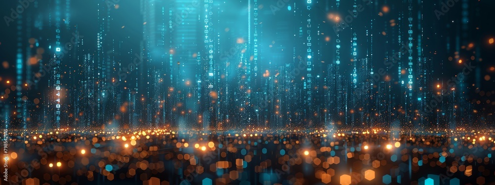 Poster cityscape with blockchain and big data structures crumbling in cybersecurity attack - 3d wireframe s