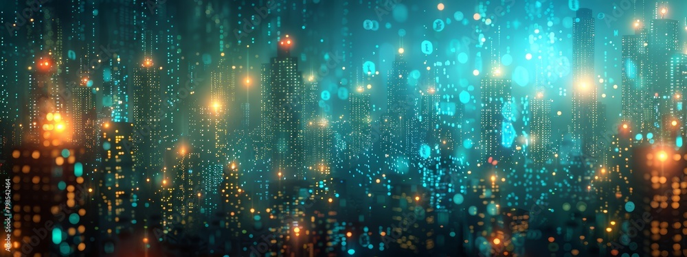 Poster cityscape with blockchain and big data structures crumbling in cybersecurity attack - 3d wireframe s