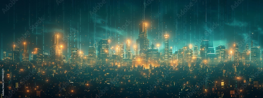 Poster cityscape with blockchain and big data structures crumbling in cybersecurity attack - 3d wireframe s