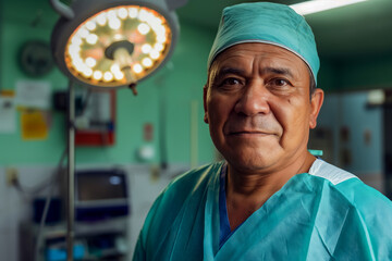 Concept for a poster with a doctor on the background of a dressing room in a clinic, medicine and healthcare in regional centers of Latin America