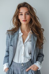 Obraz premium Smiling businesswoman stands holding hands in pockets and looking at camera , white background