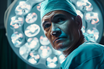 portrait of a specialist against the background of a surgical operating room preparing to perform an operation, concept of medicine and healthcare
