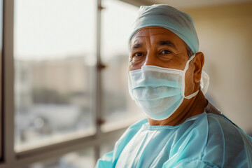 Portrait of a tired adult vascular surgeon after surgery, horizontal portrait with copy space