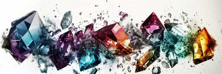 Spectrum of colorful crystals shattering, conveying a sense of motion and vibrancy.