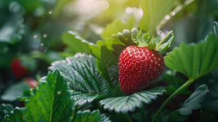 A young and fresh strawberry surrounded by leaves under the morning sunlight in the garden