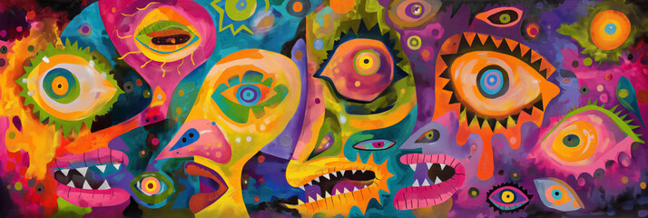 Psychedelic abstract faces with prominent eyes and expressive features. - obrazy, fototapety, plakaty