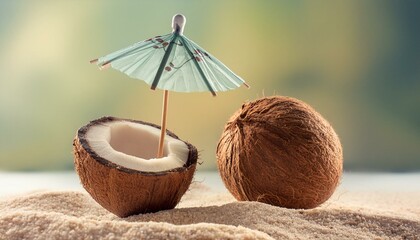 Tropical beach concept made of coconut fruit and sun umbrella. Creative minimal summer idea,isolated, food, white, coconut, brown, nut, fruit, nature, 