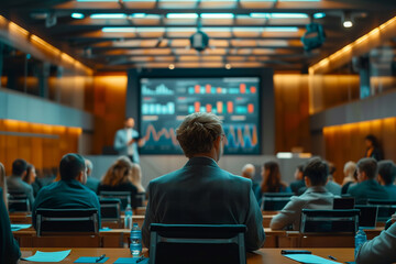confident presenter delivering a captivating presentation in a modern conference room