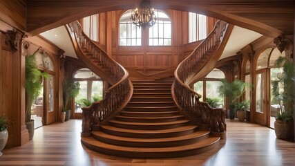 Obraz premium :A majestic redwood staircase winding through a grand foyer
