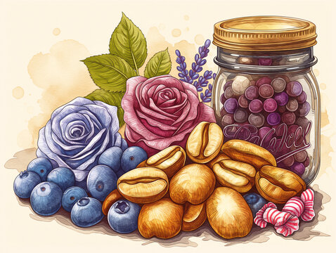 a pile of golden color roasted coffee bean with a pile of blueberry and lavender and rose and candy in little jar 