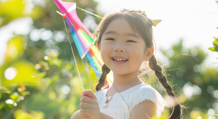 Happy Asian girl playing with colorful kite in a sunny day, outdoors, in sunlight and shadow, with a bokeh background