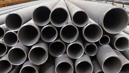 Closeup of Stacks of stainless steel pipes in background , metallurgical industry backdrop concept image, 