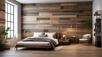 :A reclaimed wood accent wall adding warmth to an industrial loft space