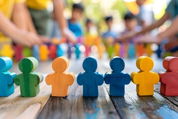 Colorful wooden figures standing on a table in focus with children and adults interacting in the background, representing teamwork and diversity