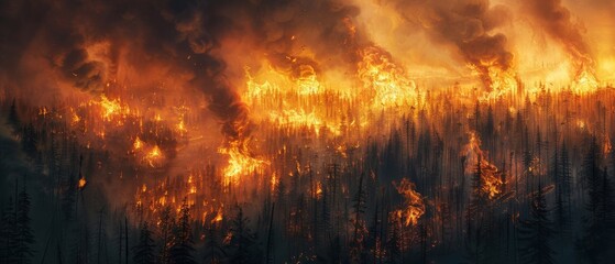 Firefighters battle a massive wildfire that has engulfed a forest. The flames are spreading quickly, and the firefighters are working hard to contain the blaze.