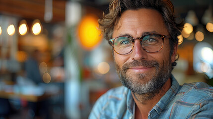 Fototapeta premium Portrait of happy bearded successful man in casual clothes and stylish glasses smiling friendly, looking at camera indoors in blurred office