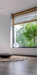 Modern zen interiors with natural elegance. Zen interior design composition with soft lighting and serene minimal furniture.