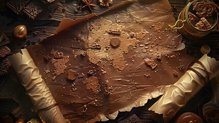 Fantasy-themed chocolate cartography with edible treasures, scrolls, and ancient symbols scattered on a wooden table - obrazy, fototapety, plakaty