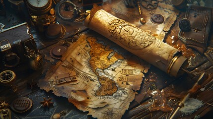 Steampunk depiction of an ancient scroll revealing a treasure map surrounded by timepieces and navigational tools - obrazy, fototapety, plakaty