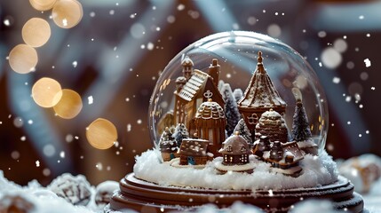 Surrealism of a snow globe containing a miniature winter village in a festive holiday atmosphere - obrazy, fototapety, plakaty