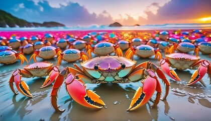 colorful crab rave dancing in large group of colorful crabs revolution vivid colors - obrazy, fototapety, plakaty