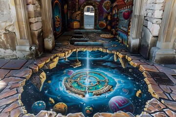 Street art depicting a time travel scene with a portal opening into a cosmic realm on an urban sidewalk - obrazy, fototapety, plakaty