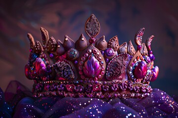 Texture art of a royal crown crafted from intricately woven confectionery, adorned with jewels and chocolate - obrazy, fototapety, plakaty