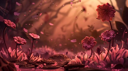 Vector art of a secret garden with flowers blooming in an enchanting monochromatic pink palette - obrazy, fototapety, plakaty