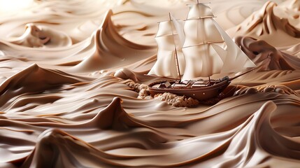 Whimsical art of a luxurious yacht sailing a sea of chocolate, encapsulating opulence and fantasy - obrazy, fototapety, plakaty