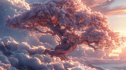 
A beautiful white tree with trunk and roots made of clouds, the top is covered in soft pink cloud like leaves, glowing from within, the background is a white
