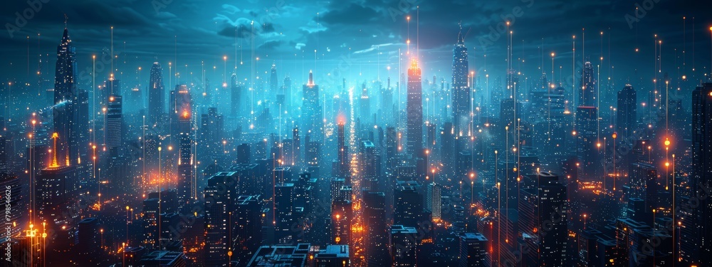 Poster digital chaos: futuristic city cyber-attack with holographic data streams - high-detail 3d mesh wire