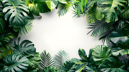 Exotic tropical frame with lush jungle plants and palm leaves on a transparent background, perfect for summer event invitations or holiday-themed designs.
