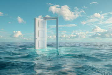 An levitating open white door stand in the middle of an empty Clean Ocean, symbolizing new possibilities