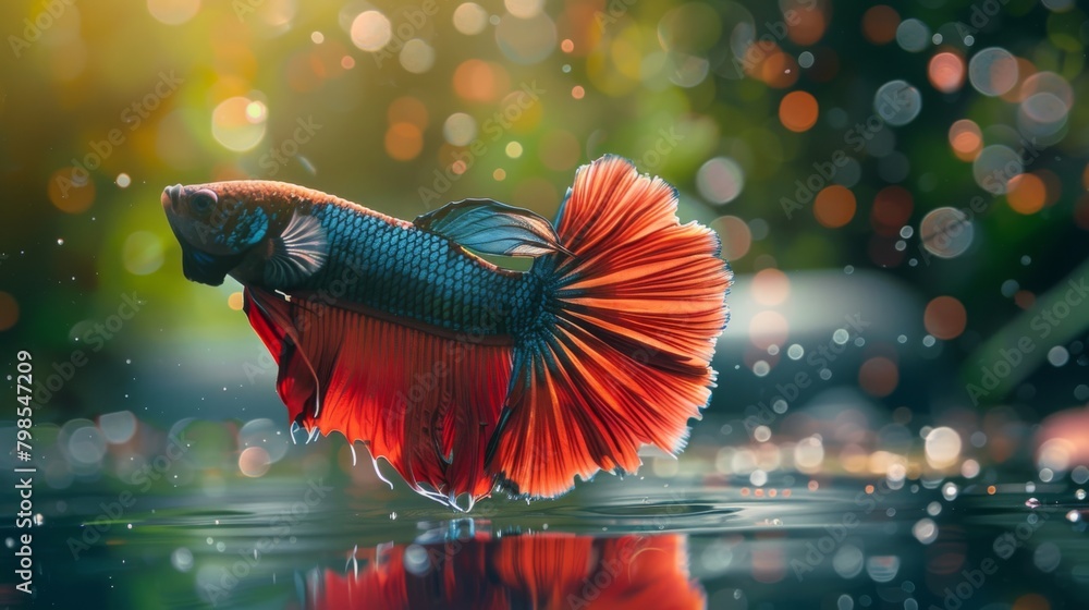 Poster a betta fish displaying its vibrant colors in a tranquil pond setting, its graceful movements reflec